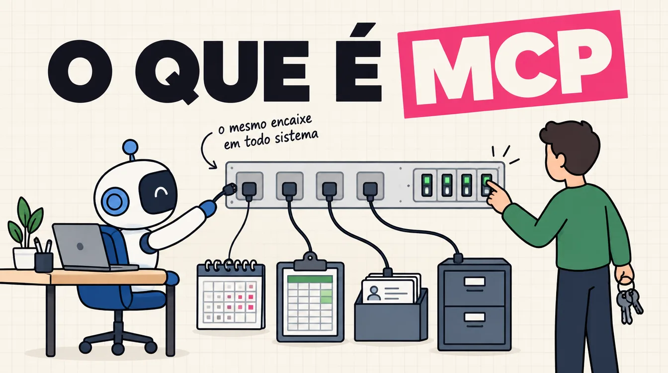 Robô liga um cabo num painel de tomadas iguais, cada uma presa a um sistema; uma pessoa com chaves decide quais ligam