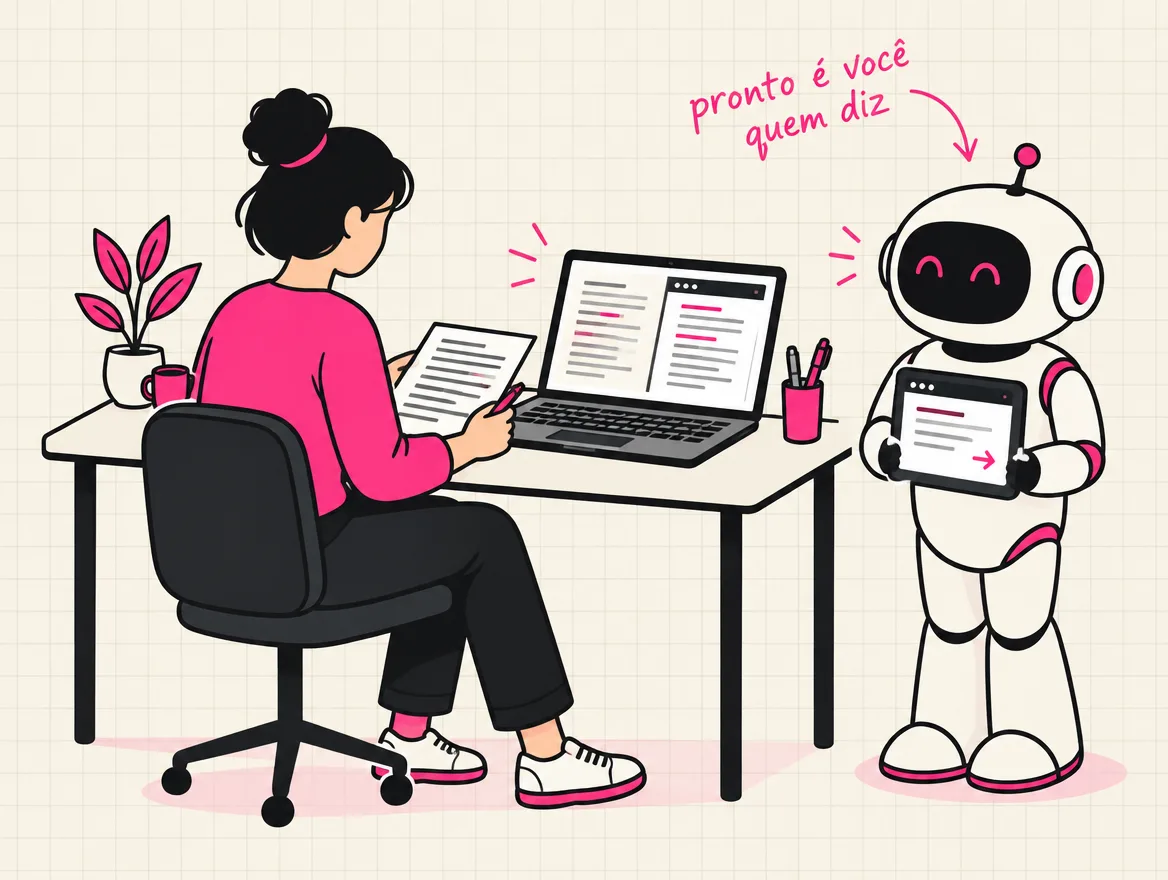 Pessoa com caneta vermelha compara uma página impressa com a tela do app no notebook enquanto o robô espera ao lado