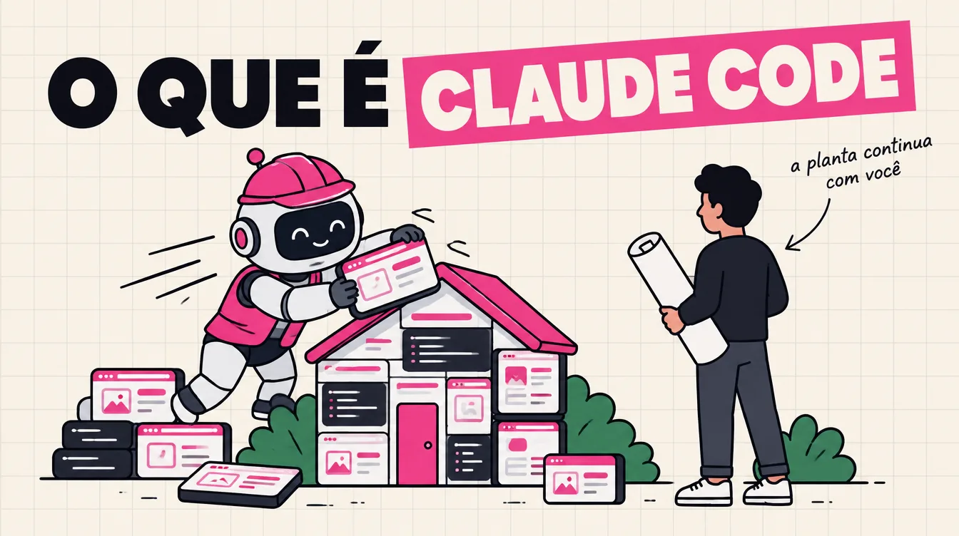 Robô ergue uma casa com tijolos em forma de tela de app enquanto o fundador segura a planta ainda em branco