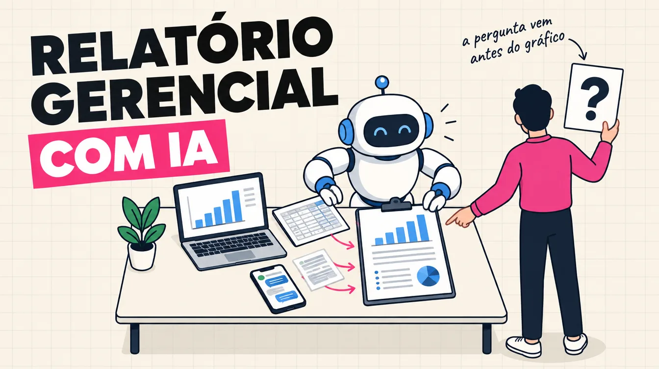 Robô junta folhas do notebook, da planilha e do celular numa página só, enquanto uma pessoa ergue um cartão com interrogação
