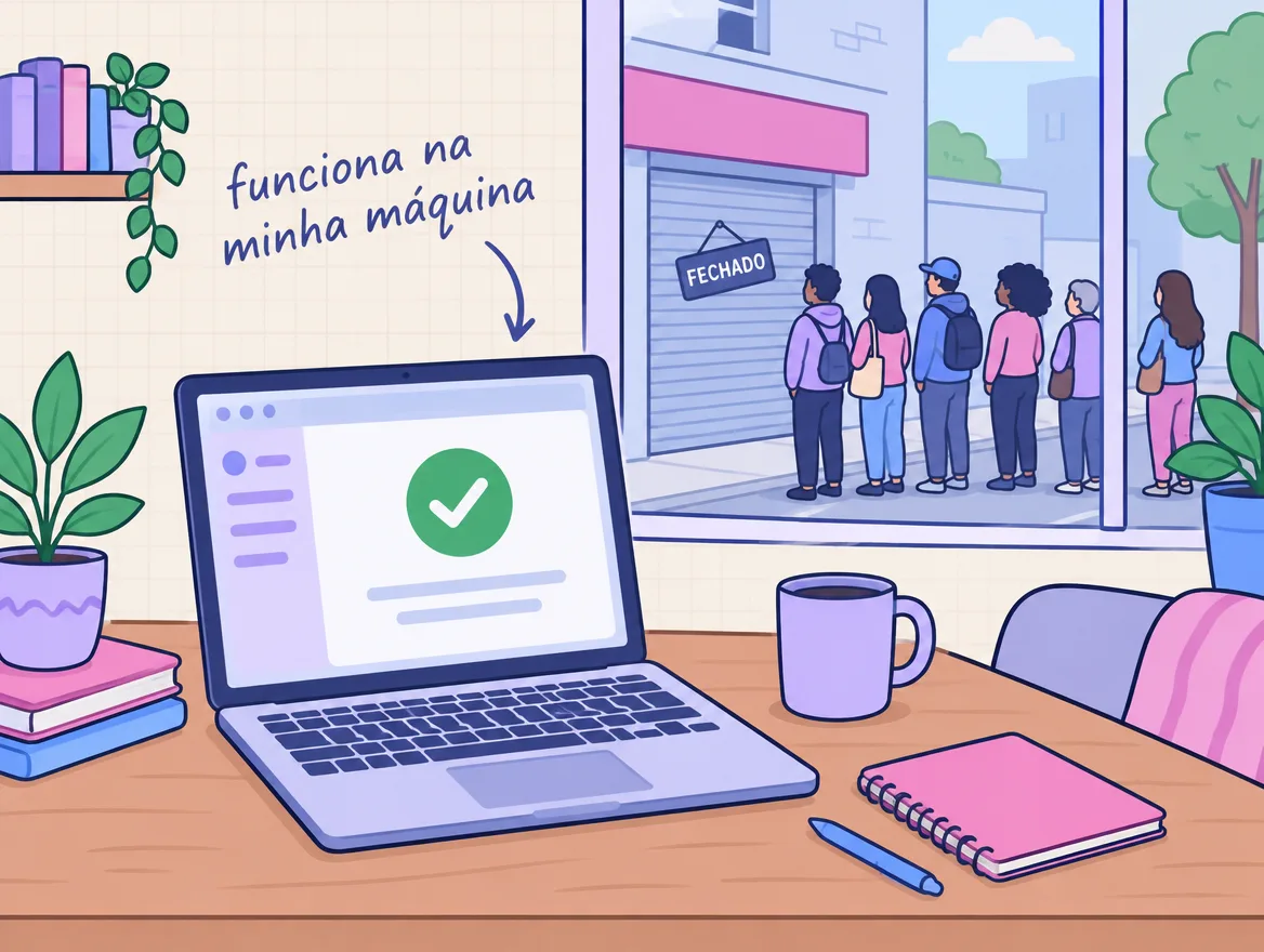 Notebook numa mesa de casa mostra o app funcionando enquanto, lá fora, uma fila de pessoas espera numa porta fechada
