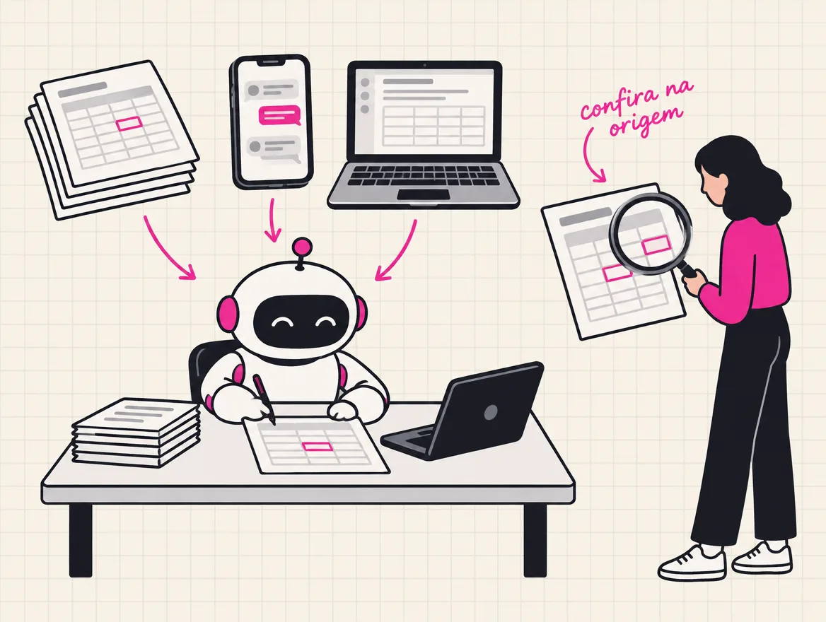Robô monta um relatório com dados da planilha, do celular e do notebook; uma pessoa confere a planilha de origem com lupa