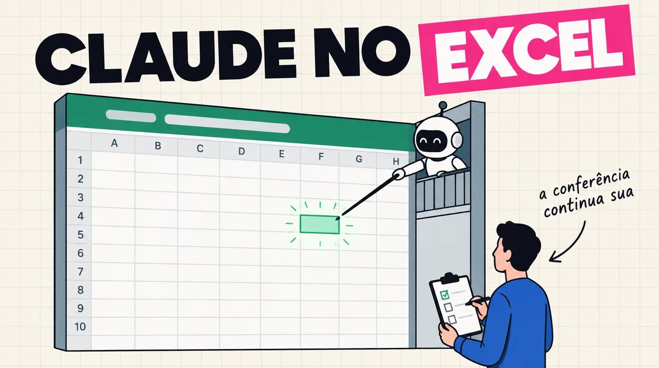 Robô aponta de um painel lateral para uma célula da planilha gigante enquanto uma pessoa confere com a prancheta