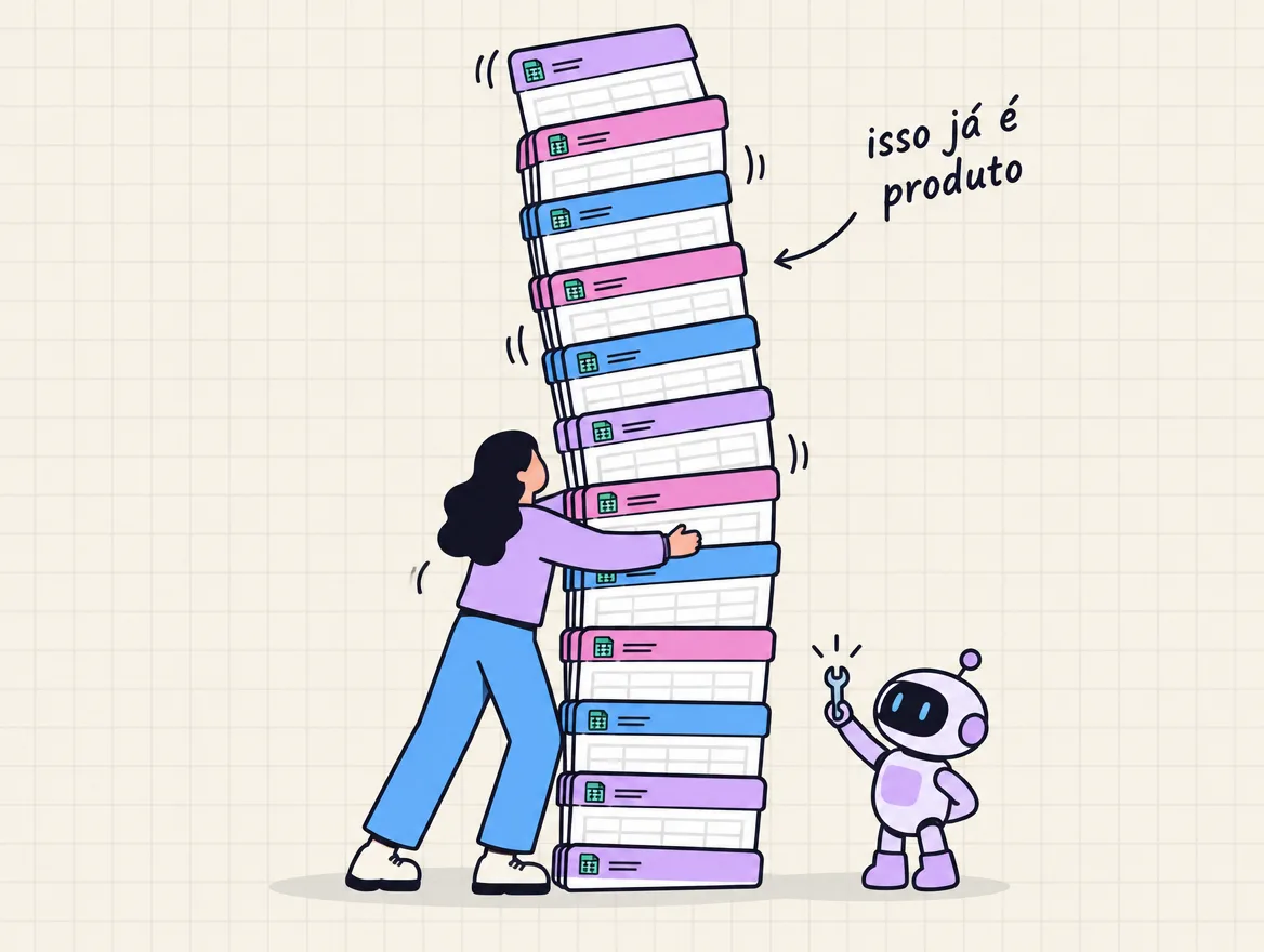 Uma pessoa segura sozinha uma torre bamba de abas de planilha, e um robô oferece uma chave pequena demais
