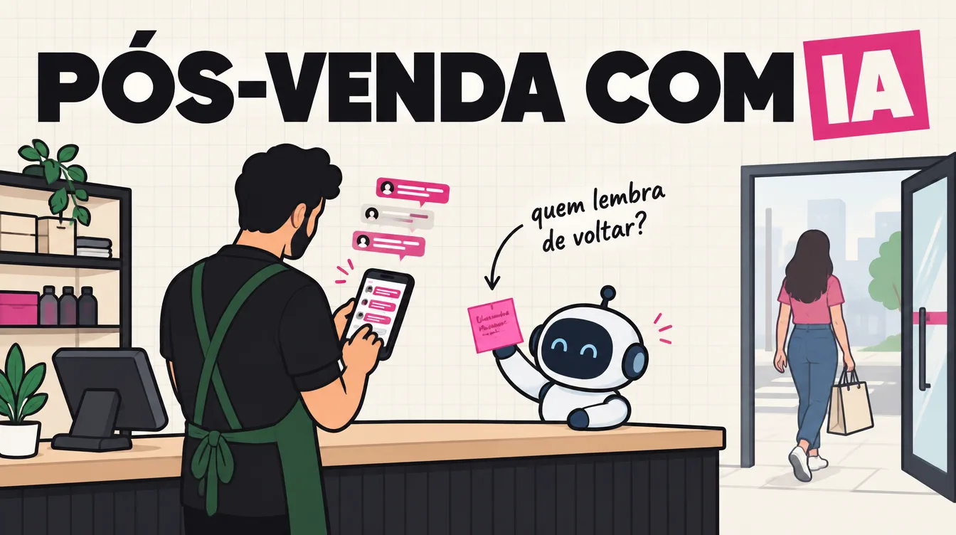 Dono de loja responde mensagens novas enquanto o cliente que já comprou sai pela porta, e um robô segura um lembrete