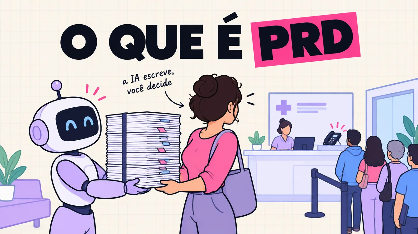 Robô entrega a uma fundadora uma pilha alta de folhas encadernadas enquanto ela olha para a recepção da clínica atrás