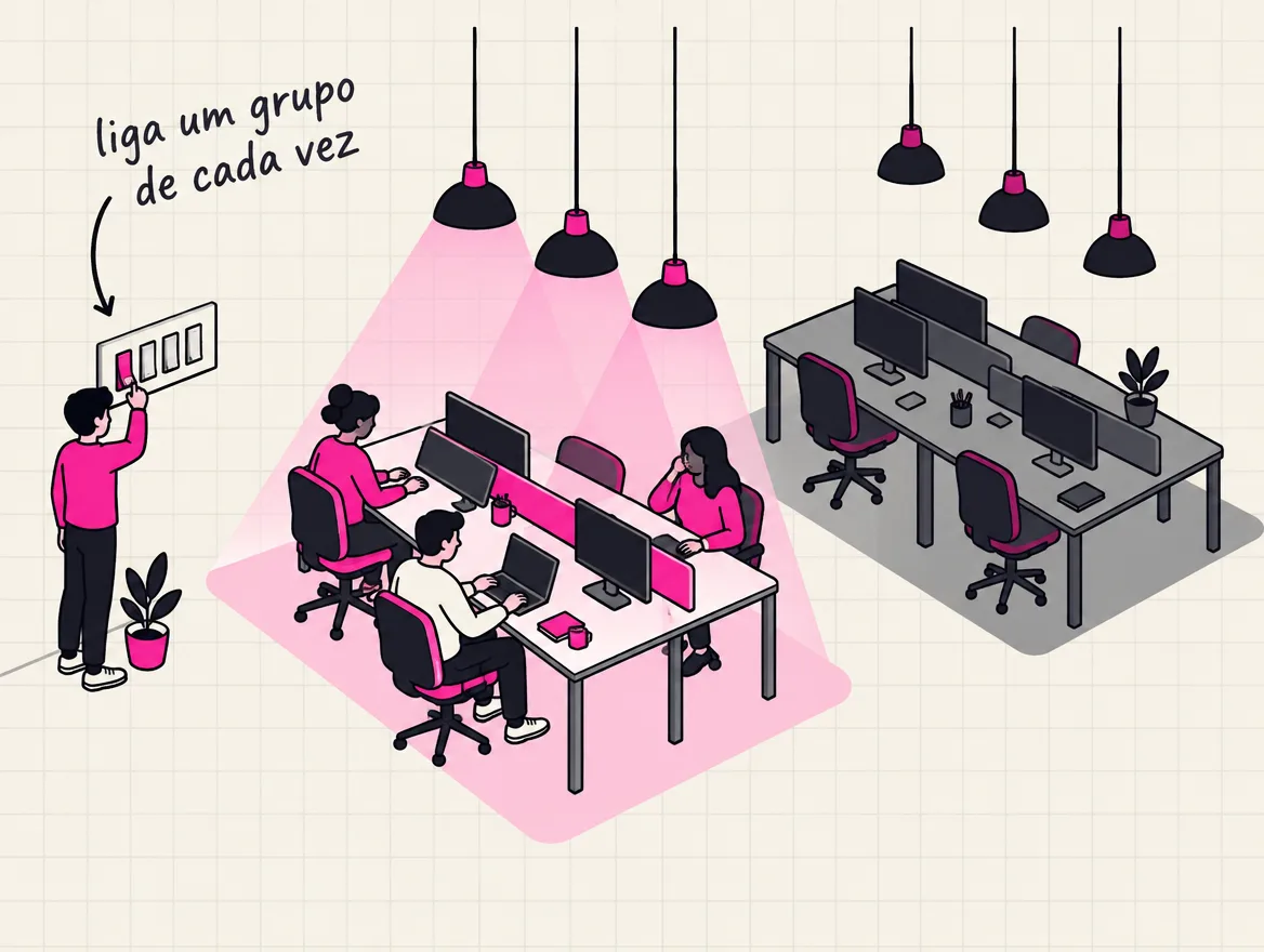 Pessoa liga um interruptor no painel e só um grupo de mesas do escritório se acende