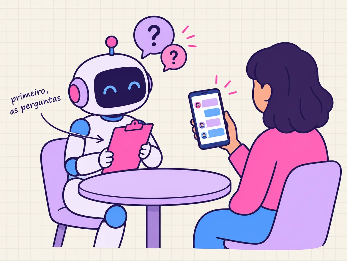Robô com prancheta faz perguntas a uma pessoa que mostra no celular a conversa com um cliente de verdade