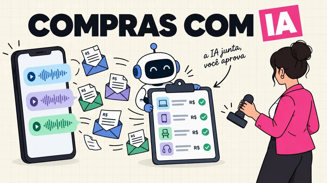 Pedidos por áudio e cotações em papel chegam a um robô que junta tudo numa prancheta, enquanto a sócia segura o carimbo