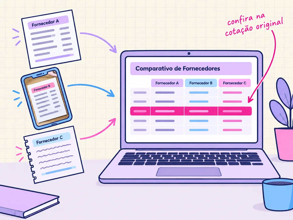 Três cotações diferentes entram numa janela de conversa e saem como um quadro único, com uma linha destacada