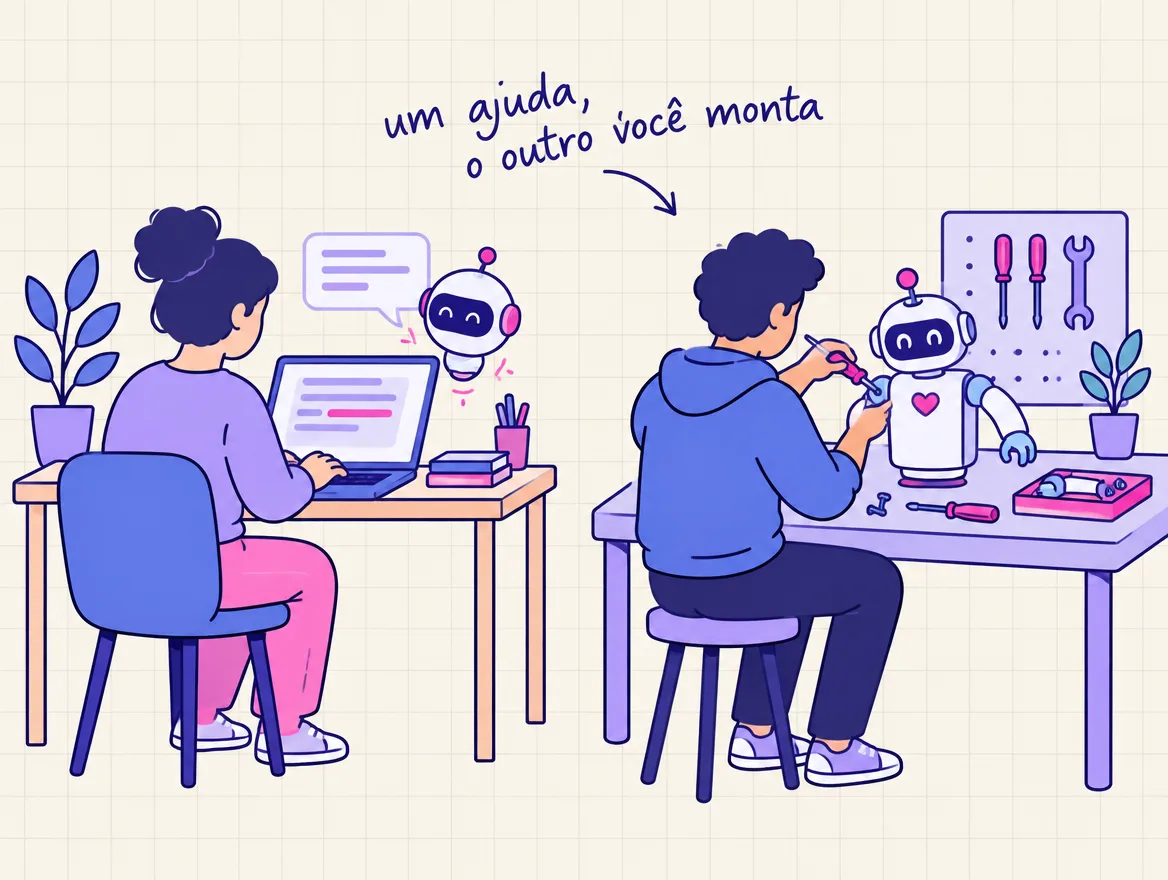 À esquerda um robozinho ajuda quem digita; à direita uma pessoa monta o próprio robô na bancada