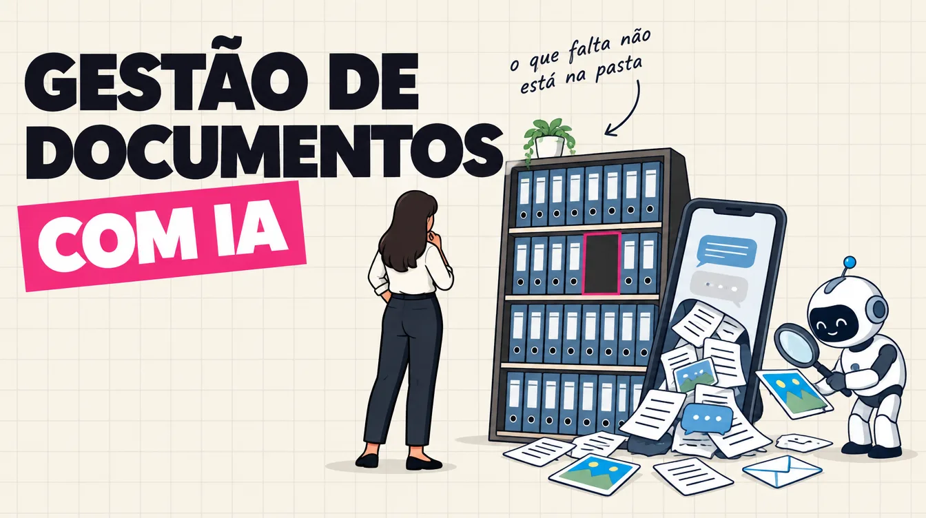 Prateleira de pastas arrumadas com um espaço vazio, enquanto um robô lê com lupa as fotos de documento que caem do celular
