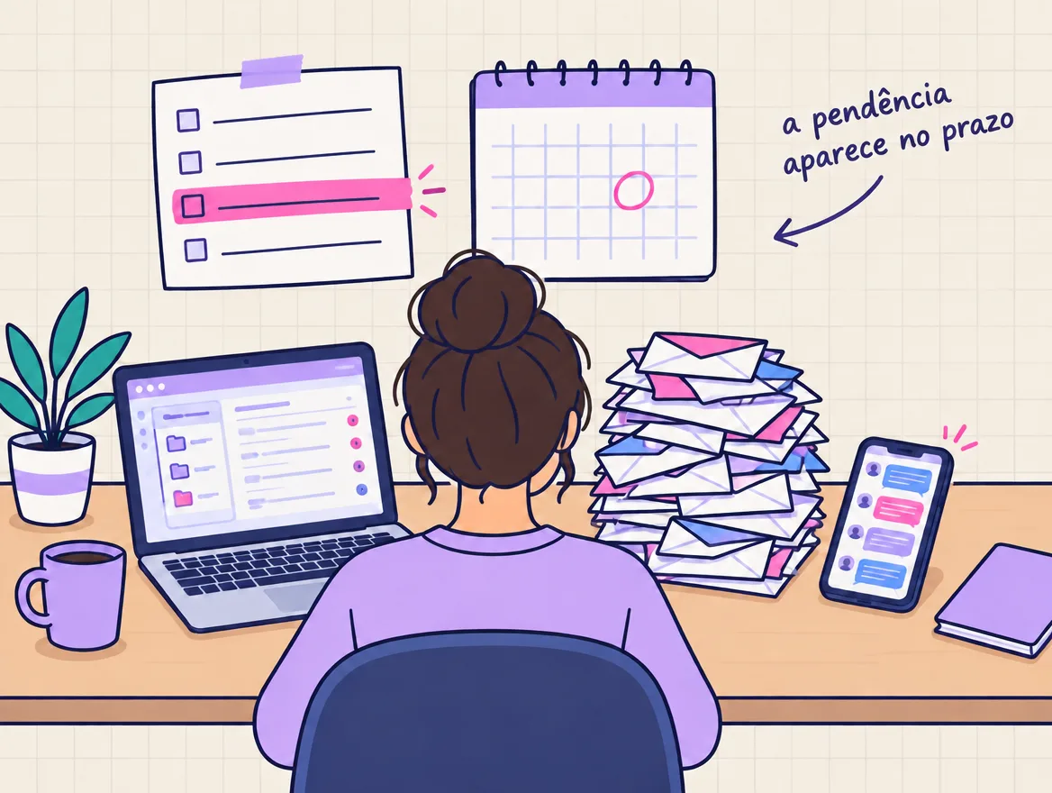 Dono da empresa entre notebook, e-mails e celular, diante de uma lista com uma linha vazia e um dia marcado no calendário