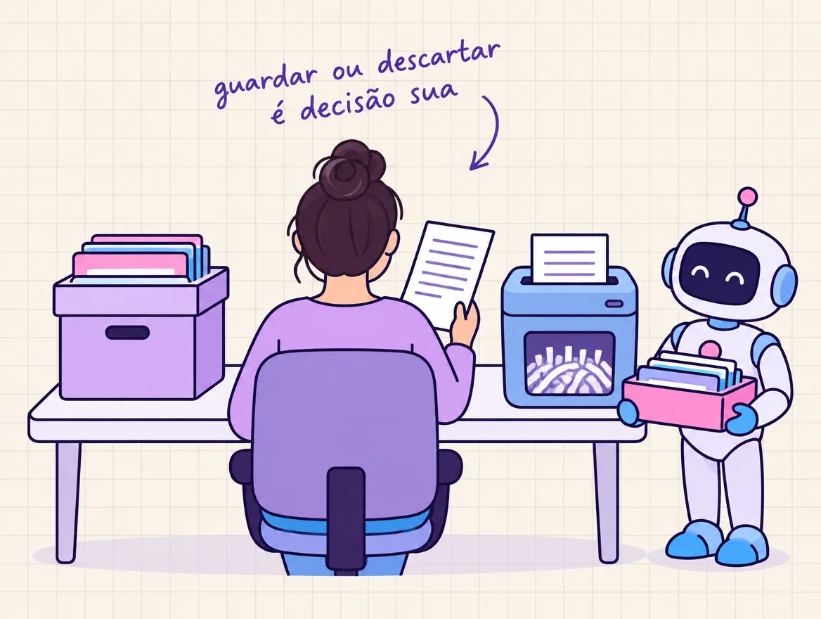 Pessoa segura um documento entre uma caixa de arquivo e uma fragmentadora, com o robô esperando ao lado