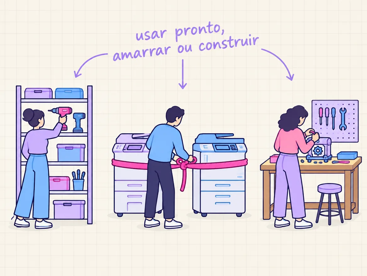 Três pessoas lado a lado: uma pega uma ferramenta pronta, outra amarra duas máquinas, outra monta uma máquina na bancada
