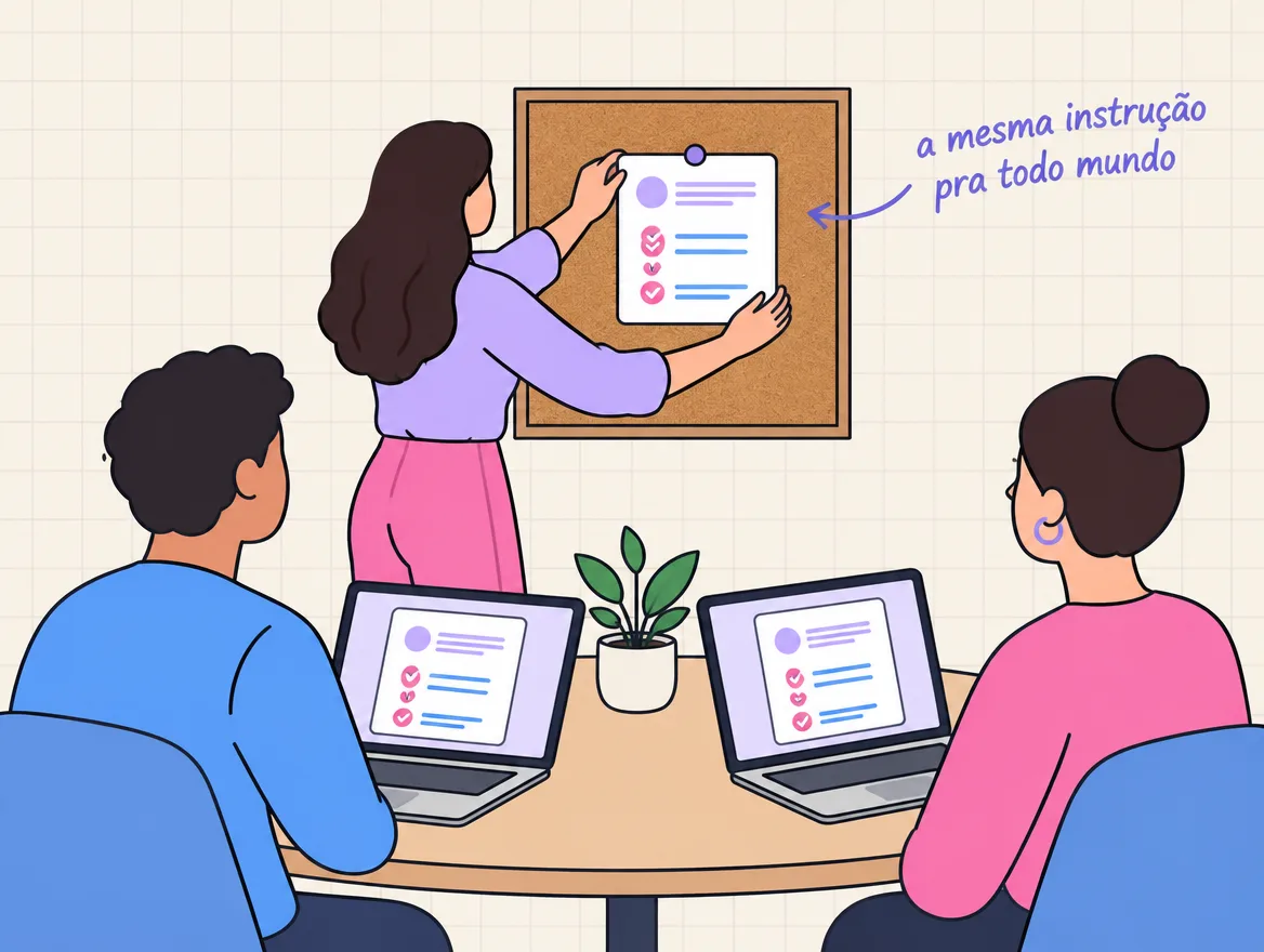 Mulher prende uma ficha de instrução num quadro e dois colegas veem a mesma ficha nos notebooks