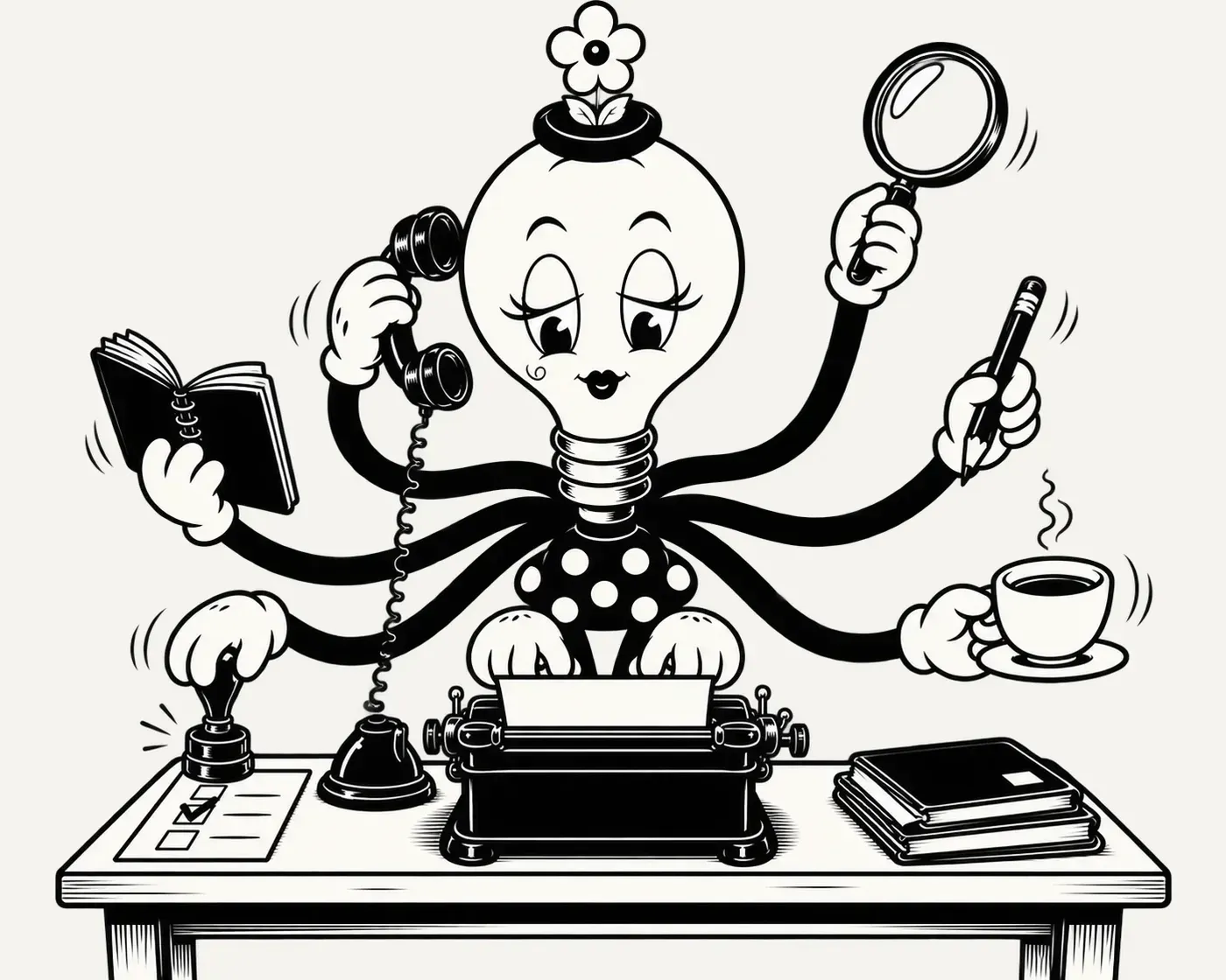 KATIA na mesa, com uma mão pra cada tarefa