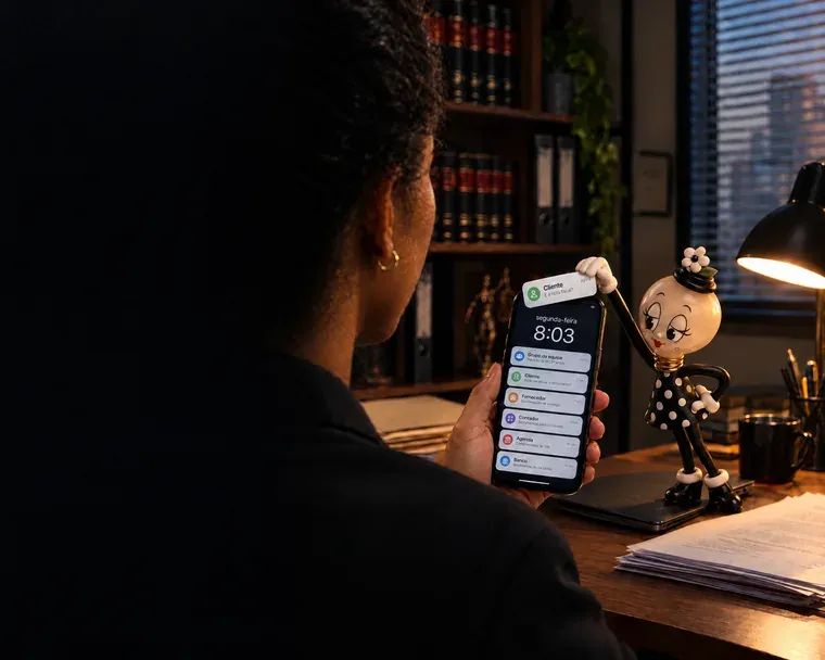 Advogada no escritório às 8h03 de uma segunda-feira, com o celular cheio de avisos; a KATIA, em miniatura sobre a mesa, puxa um aviso do celular