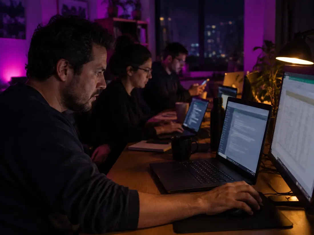 Time no escritório à noite, cada um no seu chat de IA, um deles copiando a resposta pra planilha