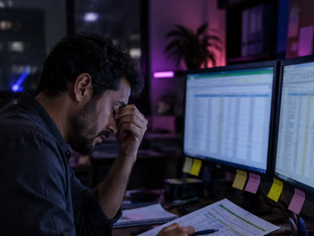 Funcionário cansado conferindo relatório impresso contra planilhas
