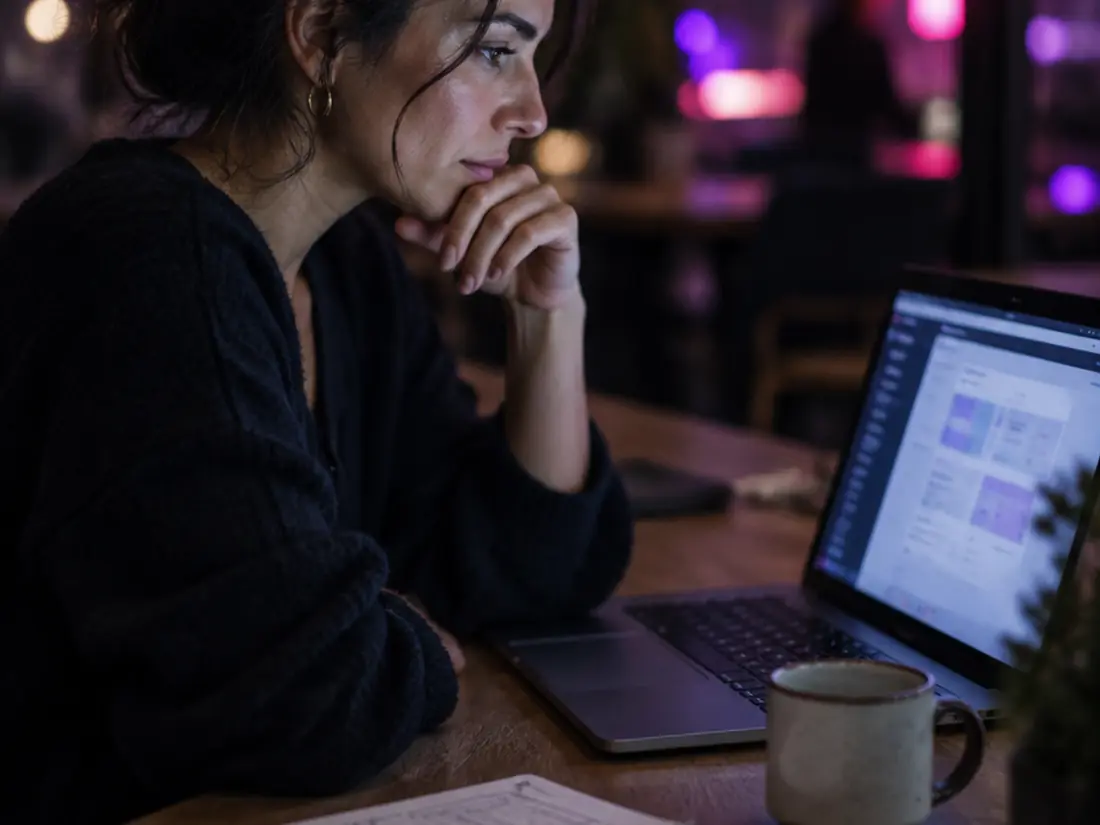 Empreendedora olhando, pensativa, o app que construiu