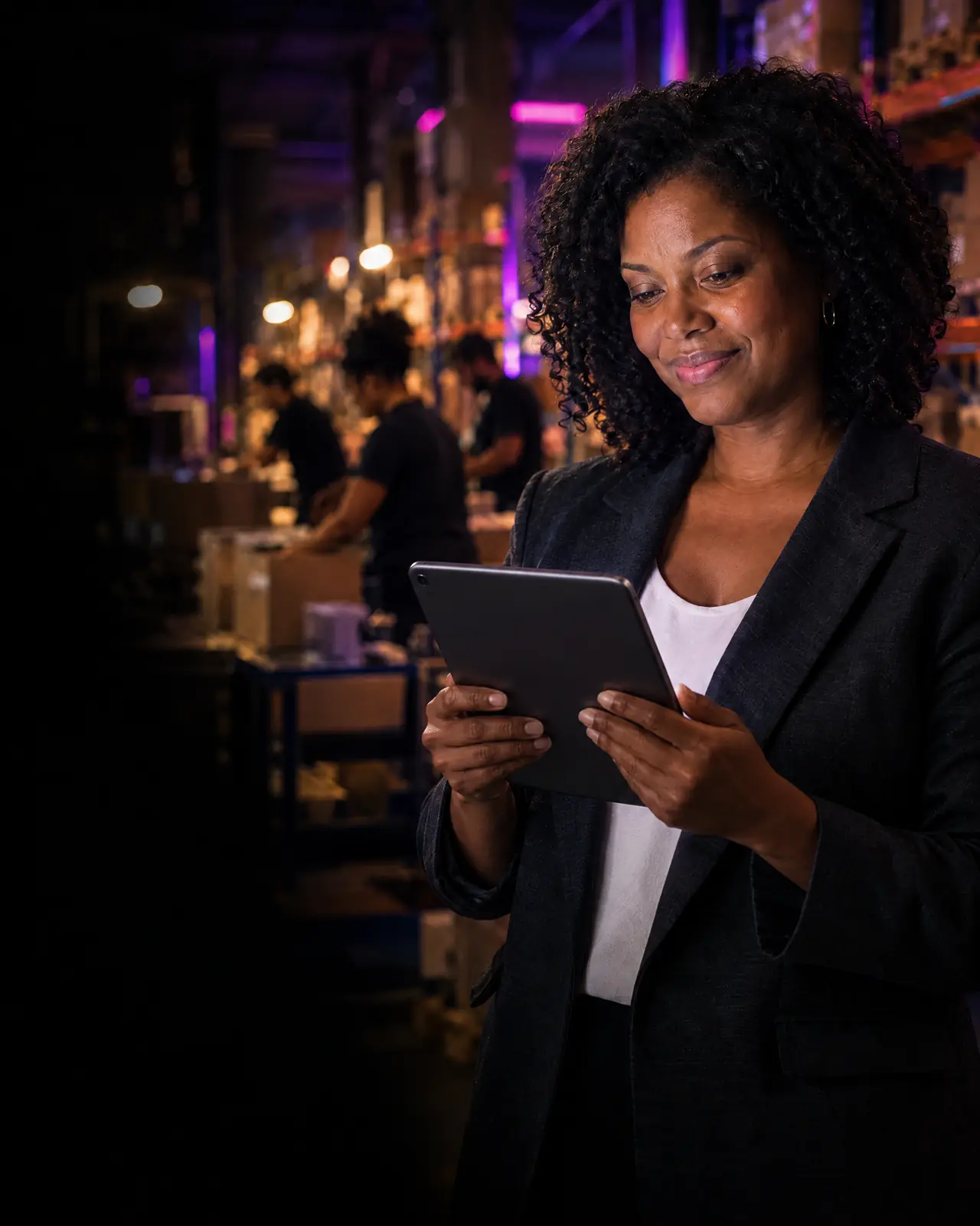 Dona de empresa no estoque, com o sistema novo rodando no tablet